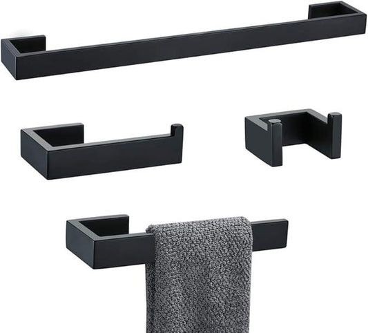 TNOMS 4 Pieces Bathroom Hardware Accessories Set Black Towel Bar Towel Holder Robe Hook Toilet Paper Holder Stainless Steel,Q8-P4BK - ModernBath