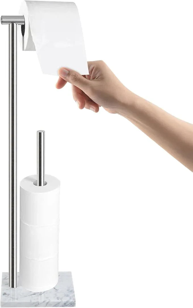 Toilet Paper Holder Stand with Weighted Natural Marble Base, Bathroom Free Standing Toilet Paper Roll Holder with Reserve, Standing Toilet Tissue Holder with Storage (Brushed Nickel, with Storage) - ModernBath
