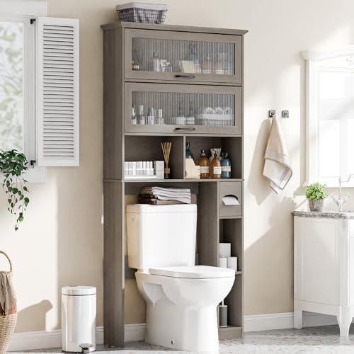 Over The Toilet Storage Cabinet with Transparent Door, Toilet Paper Storage Cabinet with Multi Layer Shelves Suitable for Bathroom, Laundry Room, Freestanding Bathroom Storage Rack,Grey - ModernBath