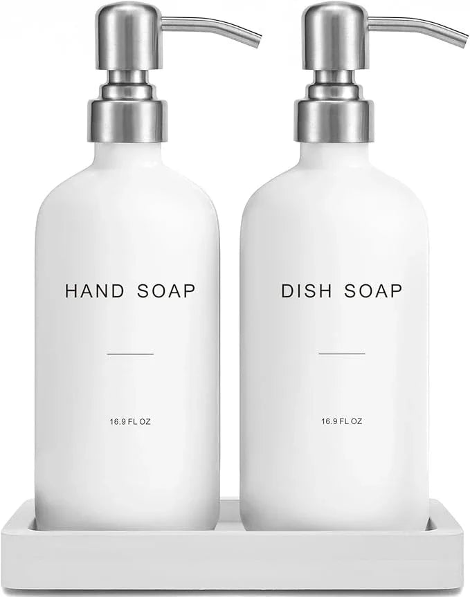 Prus Waso White Soap Dispenser for Kitchen Sink, Dish and Hand Soap Dispenser with Silver Stainless Steel Pump, Perfect for Kitchen Decor and Accessories. (Silver & White) - ModernBath