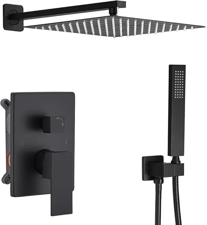 annazom Rainfall Shower System Matte Black Shower Faucet Set with High Pressure 12inch Shower Head Hand Held Square Shower Head Bathroom Luxury Rain Mixer Shower Complete Combo Set Wall Mounted - ModernBath