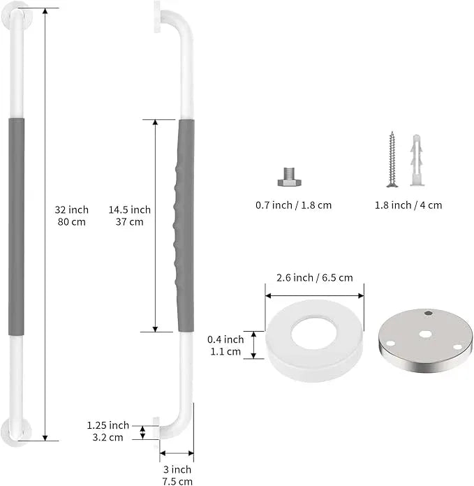 32 Inch Anti Slip Shower Grab Bar, Munzong White Stainless Steel Bathroom Grab Bar w/Gray Rubber Grip, Bathroom Balance Bar,Safety Handrail Support,Handicap Elderly Senior Assist Bath Handle - ModernBath