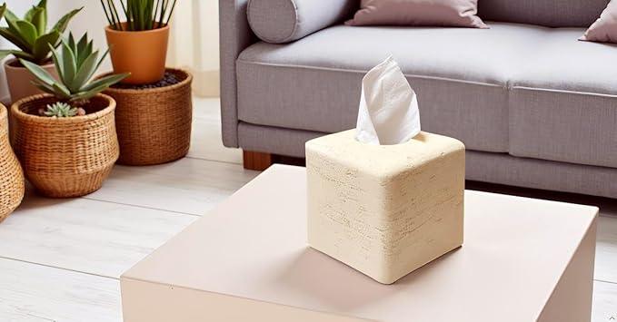 Huitony Marble Tissue Box Cover Square Decorative Stone Klenex Box Holder for Bathroom & Living Room with Handcrafted Texture (Beige Yellow) - ModernBath