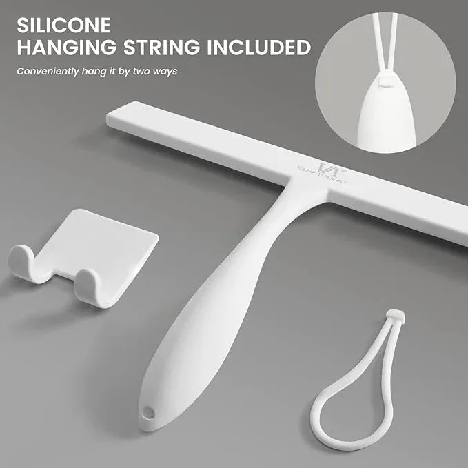 Shower Squeegee for Glass Doors, 11-Inch Silicone Squeegee with Non-Slip Handle and Adhesive Hook for Bathroom, Mirror, Tile, Car Window (White) - ModernBath