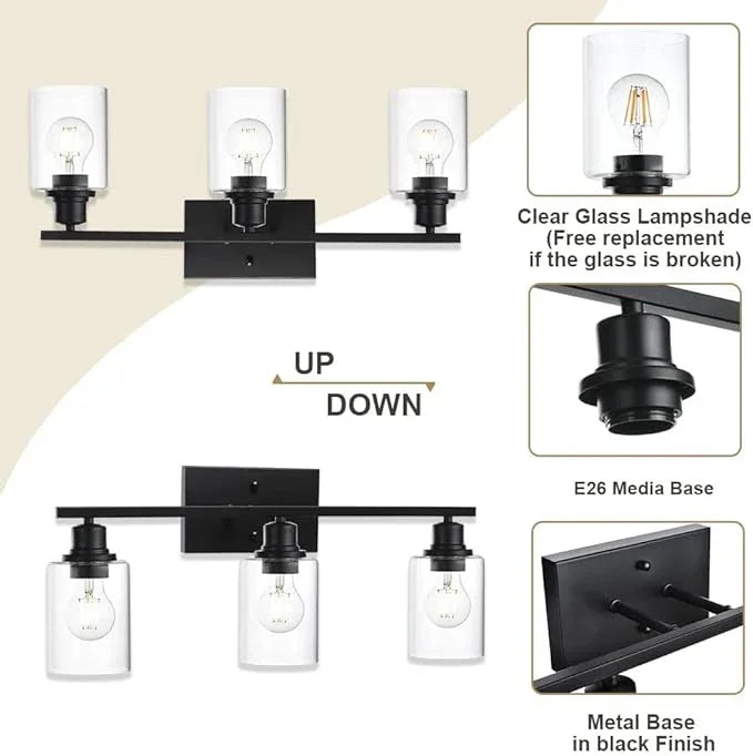 VINLUZ Matte Black Vanity Light for Bathroom 3 Light Farmhouse Indoor Bathroom Lighting Fixtures Over Mirror with Clear Glass Shade for Dressing Table - ModernBath
