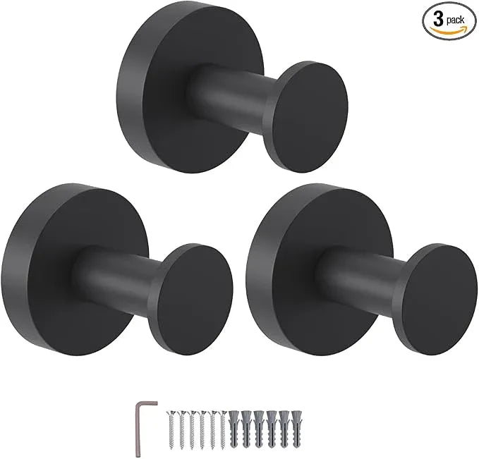 Epock Towel Hooks for Bathrooms Screw-in Stainless Steel Robe Coat Clothes Hook Bathroom & Kitchen Round Style Wall Hooks Rustproof 3 Packs -Matt Black - ModernBath