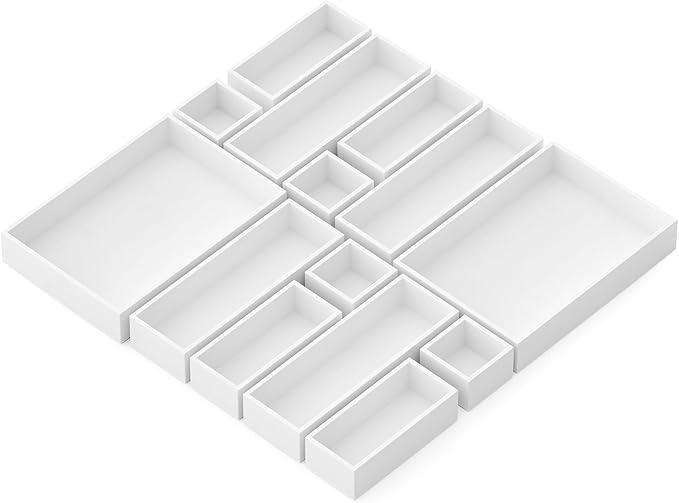 SpaceAid 14-Piece Bamboo Drawer Organizer Storage Boxes Set, Wood Tray Junk Drawer Organizers Multi-Use Divider Bins for Kitchen, Bathroom, Office Desk and Makeup Organization (14 Pack, White) - ModernBath