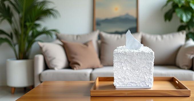 Huitony Square Tissue Box Cover Decorative Kleenex Box Holder for Bathroom & Living Room with Handcrafted Texture (Rose White) - ModernBath
