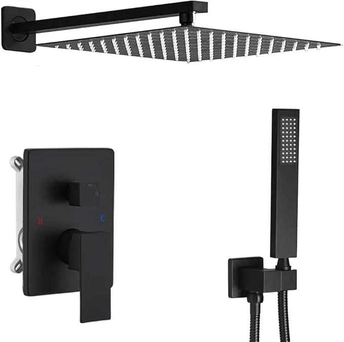 JingGang Matte Black Shower System 10 Inch Bathroom Luxury Rain Mixer Shower Combo Set Wall Mounted Rainfall Shower Head and Handheld System Shower Faucet Rough-in Valve Body and Trim Kit - ModernBath