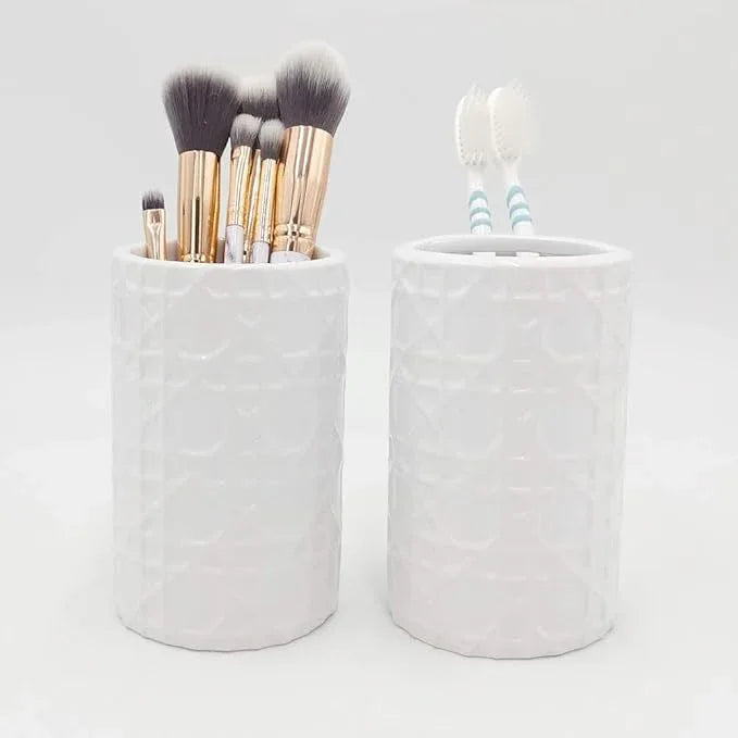 CAA'S Bathroom Accessories Set Ceramic 4 Pieces Bathroom Ensemble for Bath Decor Includes Lotion Dispenser Toothbrush Holder Tumbler Soap Dish (White Netting) - ModernBath