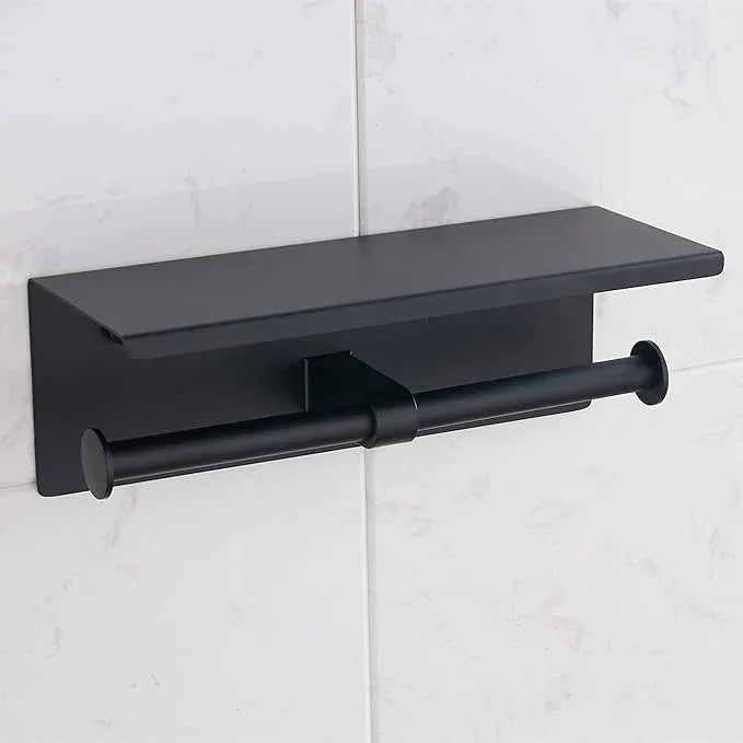 BGL Toilet Paper Holder with Shelf Matte Black, 304 Stainless Steel Wall Mount Toilet Tissue Roll Holder with Double Post for Bathroom, Commercial Toilet Paper Dispenser with Phone Shelf - ModernBath