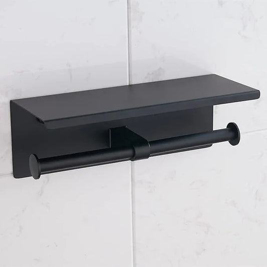 BGL Toilet Paper Holder with Shelf Matte Black, 304 Stainless Steel Wall Mount Toilet Tissue Roll Holder with Double Post for Bathroom, Commercial Toilet Paper Dispenser with Phone Shelf - ModernBath