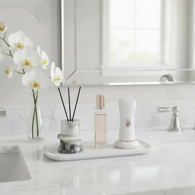 Marmor 100% Natural Marble Bathroom Tray for Perfume, Candles, Jewelry Stone Vanity, Bathroom & Kitchen Counter Organizer and Home Decor (Small White Crystal Tray) - ModernBath