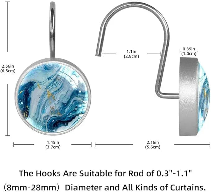 12 Pcs Decorative Shower Curtain Hooks, Rust Proof Glass Surface Stainless Steel Rings for Bathroom Bedroom Kitchen Home Bath Room Rods Decor (Blue White Gold Liquid) - ModernBath
