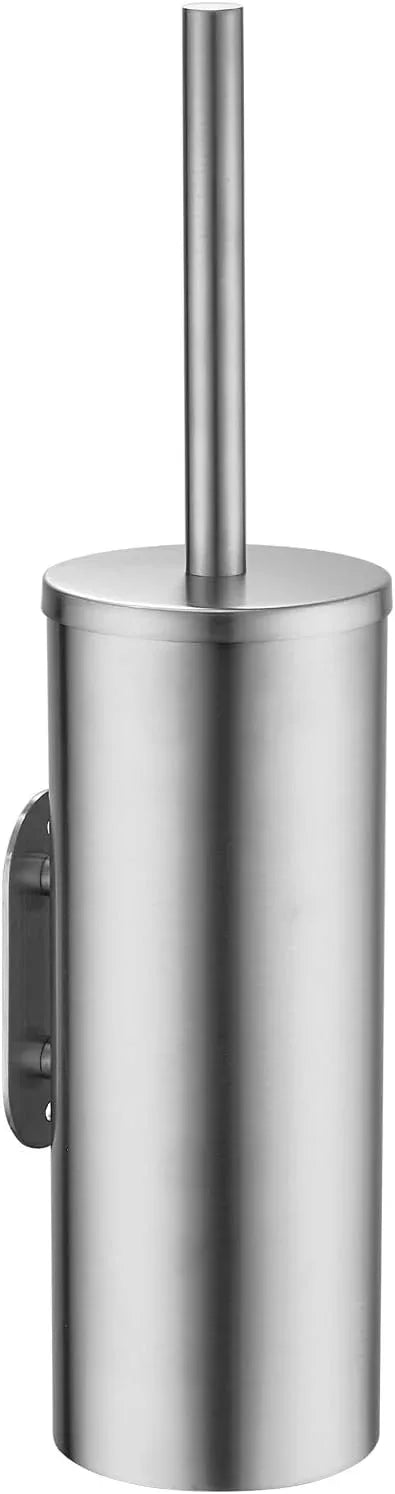 Brushed Stainless Steel Toilet Brush and Cover, No-Punch Hook Base Dual Purpose Toilet Brush Holder with Removable Inner Bucket and Splash Cover - Soft Bristles (Brushed) - ModernBath