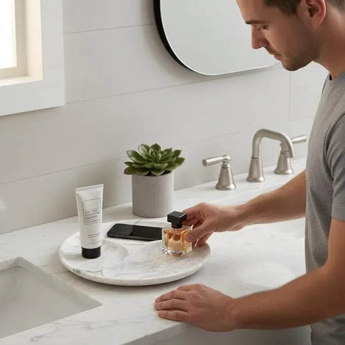 Marmor 100% Natural Marble Bathroom Tray for Perfume, Candles, Jewelry Stone Vanity, Bathroom & Kitchen Counter Organizer and Home Decor (Statuario White Marble Plate with Separate plate) - ModernBath