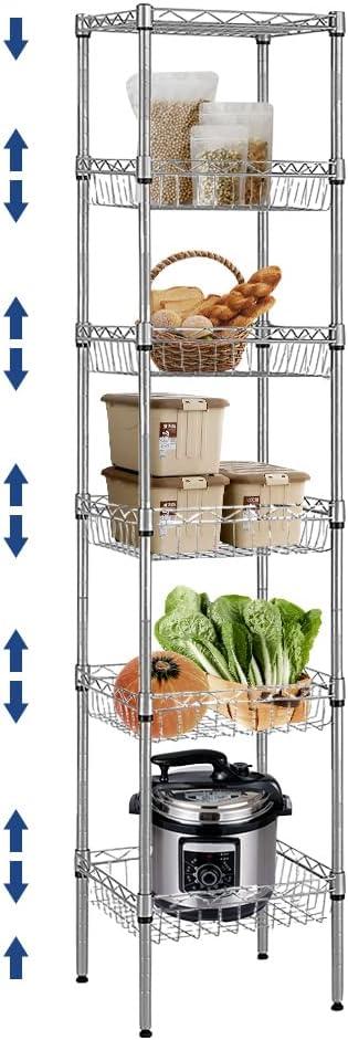 BNSPLY 6 Tier Wire Shelving Unit with Baskets Shelving, Height Adjustable Wire Shelves, Metal Storage Rack for Kitchen, Bathroom, Laundry Closet (13.5" D x 13.5" W x 63" H, Silver) - ModernBath