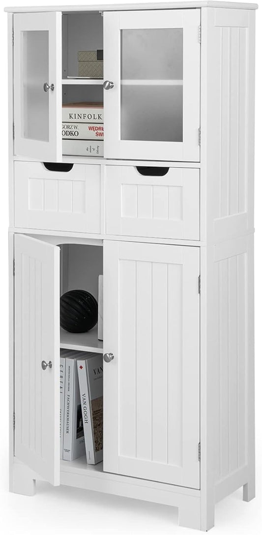 Tangkula Tall Bathroom Storage Cabinet, Freestanding Floor Cabinet w/2 Double Door & 2 Drawers, 3-Position Adjustable Shelves, Storage Organizer for Bathroom Living Room Kitchen