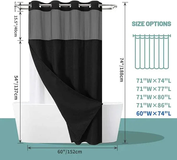 eachope Black No Hook Waffle Weave Shower Curtain with snap-in Liner Replacement, 230GSM Waterproof Fabric Hotel Shower Curtain Set for Bathroom, Through Mesh Top Window,60Wx74H - ModernBath