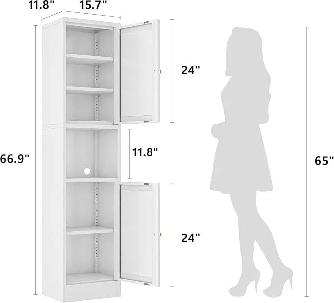 Metal Bathroom Storage Cabinet, 67" Tall Narrow Freestanding Floor Cabinet with Adjustable Shelves and Open Compartment, Slim Metal Locker for Laundry, Kitchen, Dining Room - ModernBath