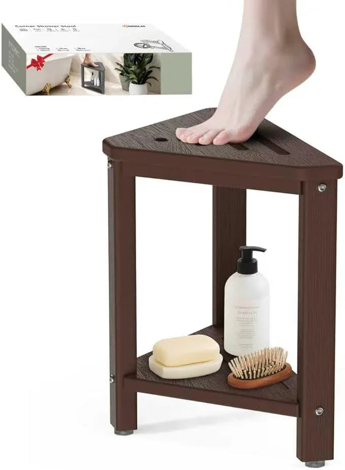 Shower Foot Rest 15in, HDPE Waterproof Shower Stool for Inside Shower, Corner Shower Stool for Shaving Legs with Storage Shelf for Small Space, Shower Step Stool, Plastic Corner Shower Bench, Brown - ModernBath