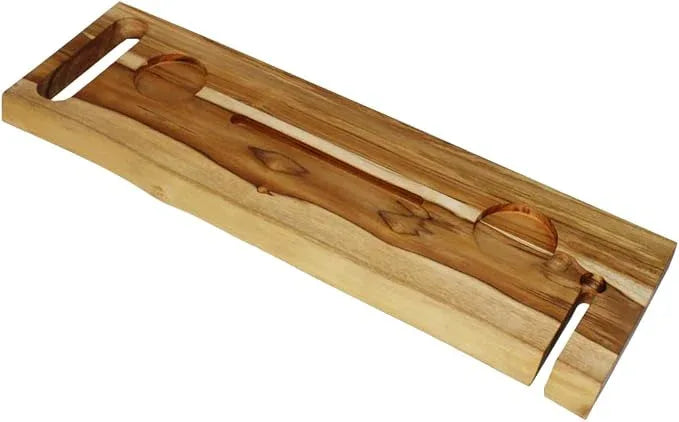 EcoDecors Eleganto 30" Live Edge Solid Teak Bath Caddy Tray with Handle, Book & Tablet Holder, Wine Glass Holders, Luxury Bathtub Tray - ModernBath