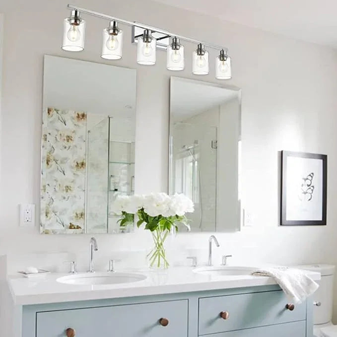 VINLUZ 6 Lights Bathroom Vanity Light in Chrome Finish with Clear Cylinder Glass Shade Industrial Wall Light Fixtures Over Mirror for Dressing Table Bedroom - ModernBath