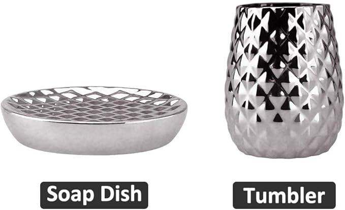 Silver Bathroom Accessories Set, Moroccan Trellis Bathroom Ensemble Complete Sets for Bath Decor Includes Soap Dispenser Pump, Toothbrush Holder, Tumbler, Soap Dish, Ideas Home Gift - ModernBath
