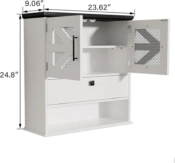 Wall Mounted Bathroom Cabinet with Double Doors, Flip-Down Storage and Open Shelf, Modern White Finish, Over-The-Toilet Space Saver Cabinet - ModernBath