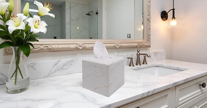 Huitony Marble Tissue Box Cover Square Decorative Stone Klenex Box Holder for Bathroom & Living Room with Handcrafted Texture (Marble-B) - ModernBath