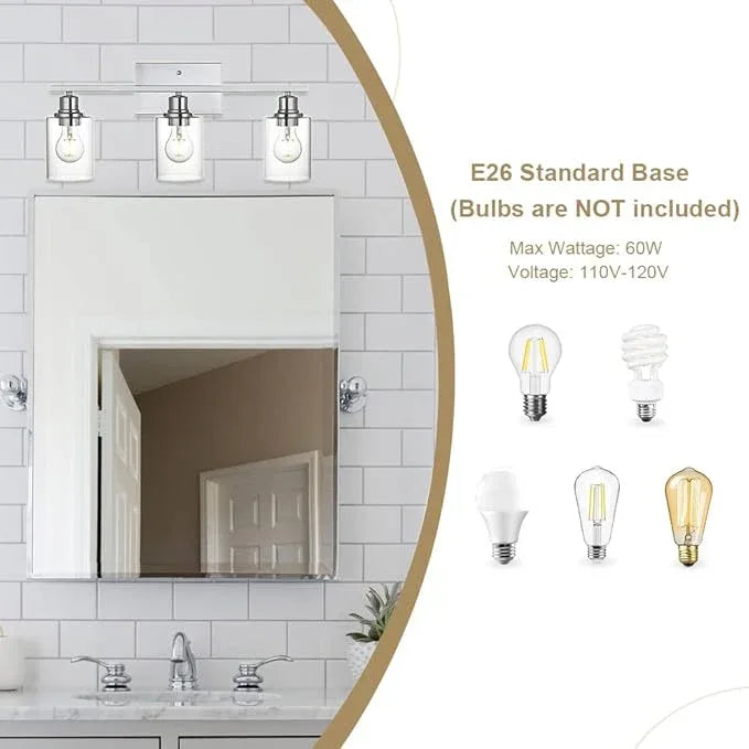 VINLUZ 3 Light Wall Light Fixture with Clear Glass Shade Classic Bathroom Vanity Lighting Fixture in Chrome Finish Metal Wall Mounted Lamp for Powder Room Hallway - ModernBath