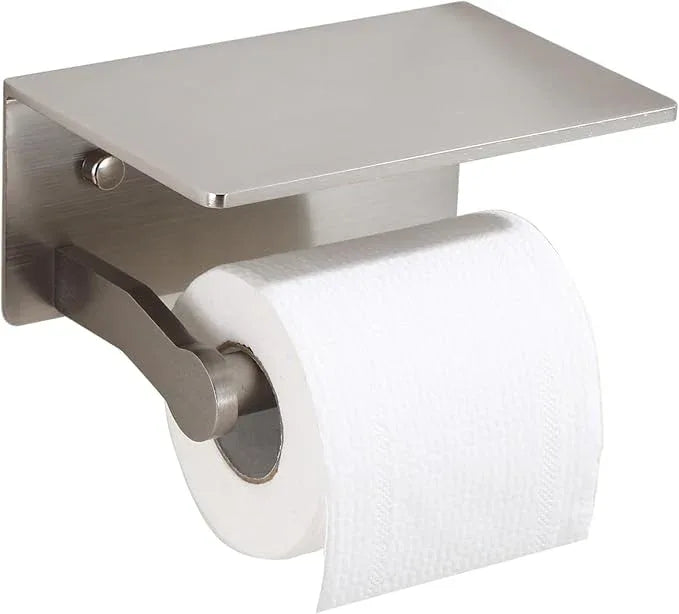 Toilet Paper Holder with Shelf - Toilet Tissue Holder with Cell Phone Shelf for Bathroom - Toilet Paper Roll Holder with Wipes Storage, Wall Mounted by Adhesive Tape or Screw - Brushed Nickel - ModernBath