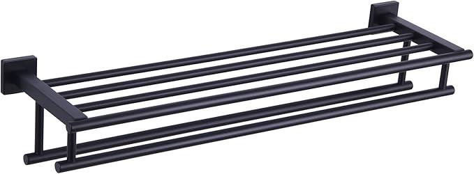 Bath Towel Shelf with 2 Towel Holders, Angle Simple Stainless Steel Bathroom Towel Rack with Towel Bars, Wall Mount Train Rack Matte Black 27.56 Inches - ModernBath