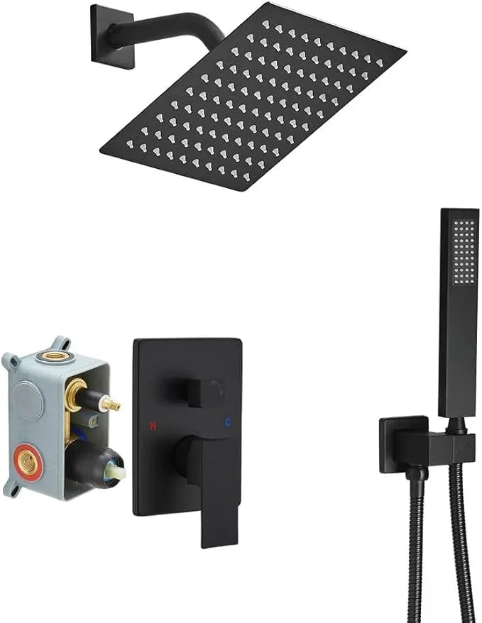 JingGang Matte Black Shower System Bathroom Rainfall Shower Faucet Set Complete Wall Mounted 8 Inch Shower Head and Handle Set with Rough-in Valve Body and Trim Kit - ModernBath