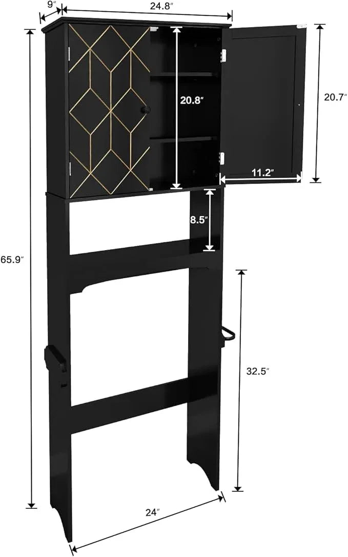 HLR Over The Toilet Storage Cabinet with Gold Trim, Over Toilet Bathroom Organizer with Adjustable Shelves and Toilet Paper Holder, Above Toilet Storage Cabinet Spacesaver for Bathroom (Black) - ModernBath