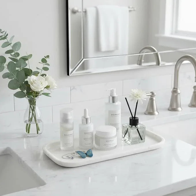 MarmorReal Natural Marble Bathroom Tray for Perfume, Candles, Jewelry Stone Vanity, Bathroom & Kitchen Counter Organizer and Home Decor (Calacatta Gold‌ Marble(11.41 * 5.51 * 0.7)) - ModernBath
