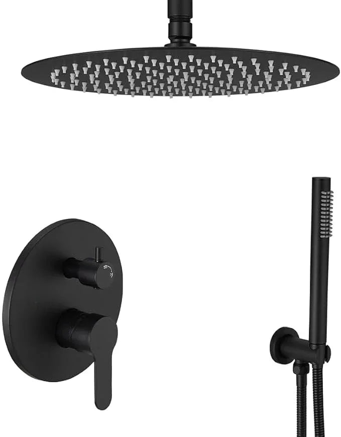 JingGang Matte Black Ceiling Mount Round Rain Shower System with 12 Inch Shower Head and Handheld Bathroom Shower Set Contain Shower Faucet Trim Kit (Mixer Valve Included) - ModernBath