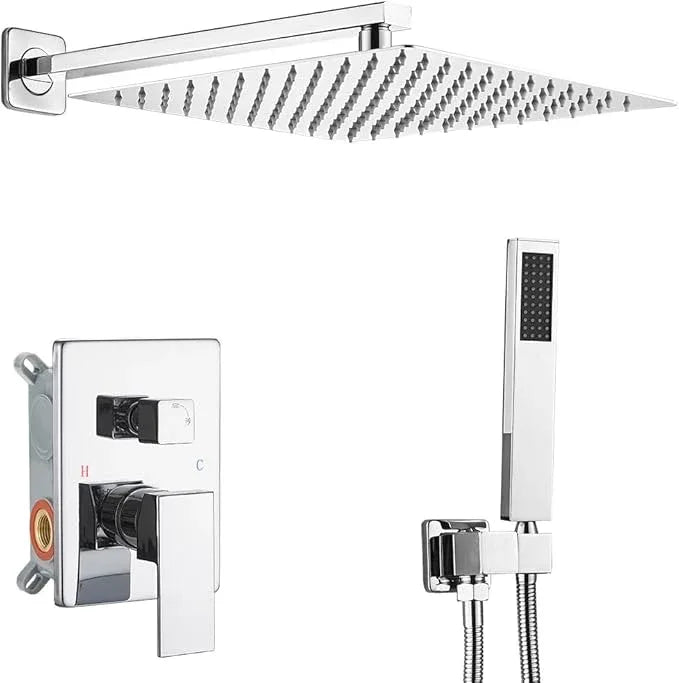 JingGang Polished Chrome Shower System 16 Inch Bathroom Luxury Rain Mixer Shower Combo Set Wall Mounted Rainfall Shower Head and Handheld System Shower Faucet Set Rough-in Valve Body and Trim Kit - ModernBath