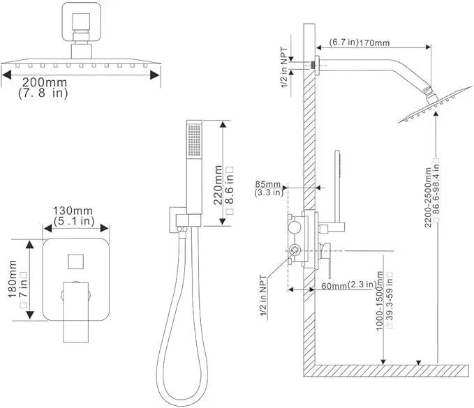 YCAIKOI Chrome Shower System, 8 Inch High Pressure Rain Shower with Handheld, Wall Mount Shower Faucet Set for Bathroom, Rough-in Valve Body and Trim Included - ModernBath
