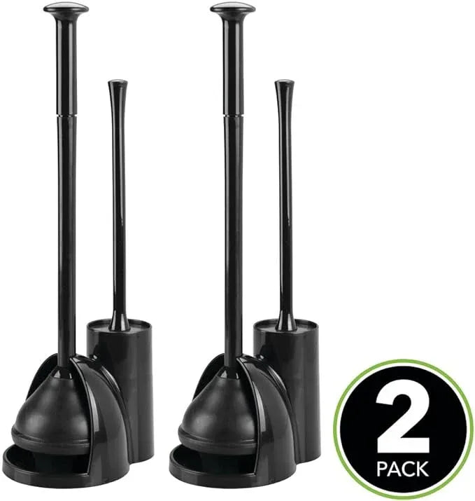 mDesign Hidden Plunger and Brush Set for Toilet Bowl - Brush Cleaner and Plunger Combo with Holder Caddy for Bathroom - Modern Toilet Brush and Plunger Set - Aura Collection - 2 Pack - Black - ModernBath