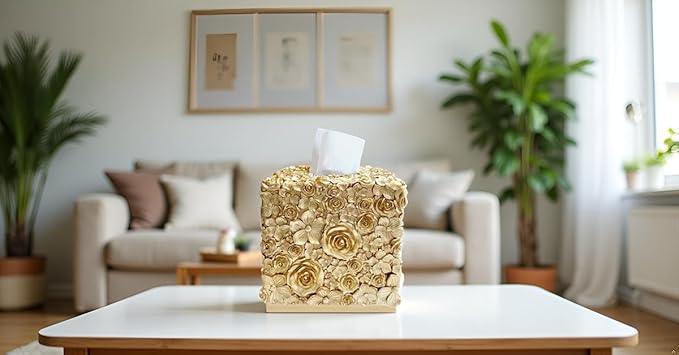 Huitony Square Tissue Box Cover Decorative Kleenex Box Holder for Bathroom & Living Room with Handcrafted Texture (Rose Gold) - ModernBath