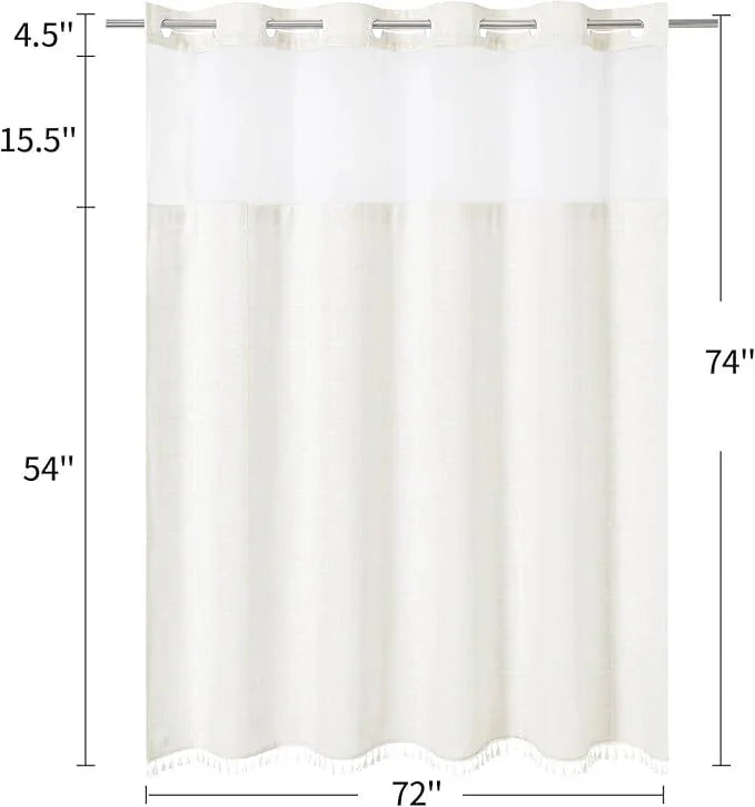 MitoVilla No Hooks Required Farmhouse Shower Curtain with Snap-in Liner - with Window & Magnets, Boho Cotton Linen Fabric Shower Curtains with Tassels for Rustic Bathroom Decor, Ivory, 72 x 74 - ModernBath
