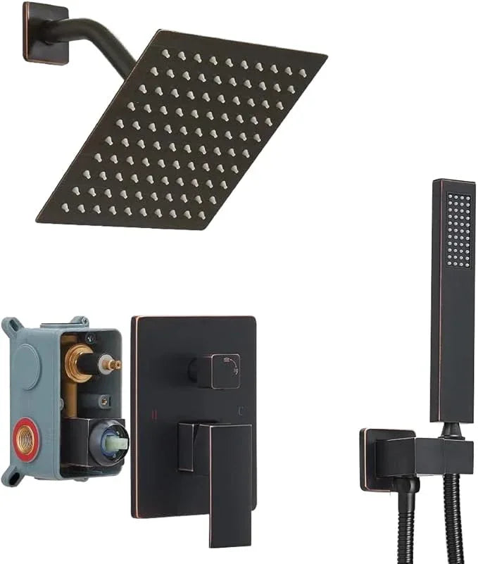 Heable Oil Rubbed Bronze Shower System with 8'' Rainfall Shower Head, Handheld Shower head, Bathroom Luxury Rain Mixer Shower Combo Set Wall Mounted Shower Faucet Rough-in Valve and Trim Kit - ModernBath
