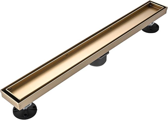 Linear Shower Floor Drain, Brushed Gold 24 Inch 304 Stainless Steel Bathroom Drains Kit, Rectangular Shower Trench Drain with Reversable Tile-in Pattern Drain Cover & Hair Catcher - ModernBath
