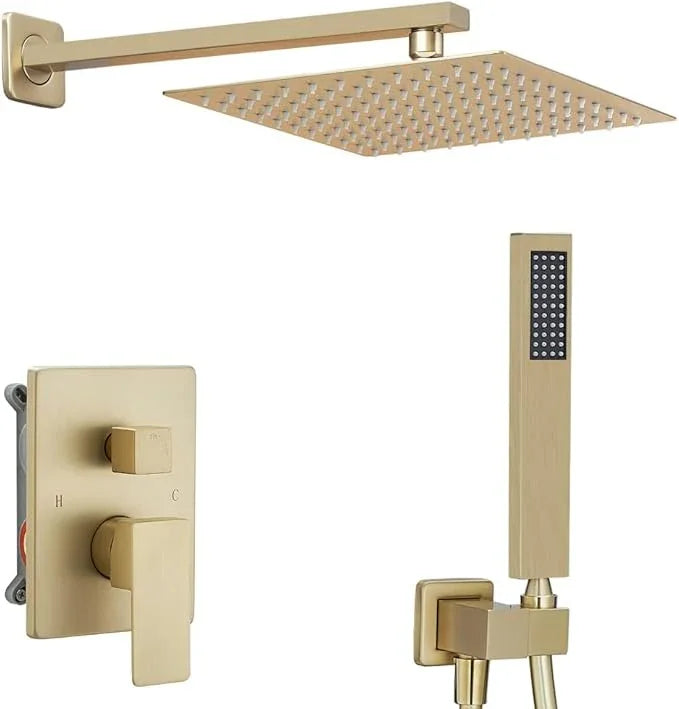 annazom Shower Faucet Set System 10 Inch Shower Head High Pressure Handheld Spray Combo Set with Rough-in Valve for Bathroom and Shower Room, Brushed Gold Finishing - ModernBath