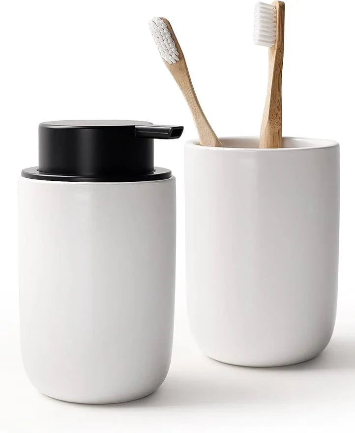 Bosilunlife Soap Dispenser and Toothbrush Holder Set - 11Oz Foam Soap Dispenser Pump Ceramic Bathroom Counter Soap Toothbrush Holder Set White Bathroom Accessories Set - ModernBath