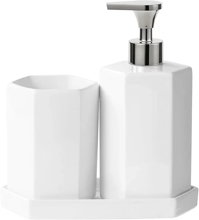 Silver Soap Dispenser Pump Ceramic Bathroom Accessories Complete with Soap Dispenser, Toothbrush Holder, Bathroom Tumbler, and Vanity Tray - Modern Bathroom Decor,3PCS - ModernBath