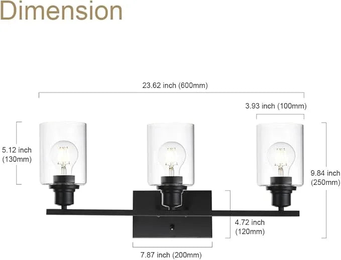 VINLUZ Matte Black Vanity Light for Bathroom 3 Light Farmhouse Indoor Bathroom Lighting Fixtures Over Mirror with Clear Glass Shade for Dressing Table - ModernBath