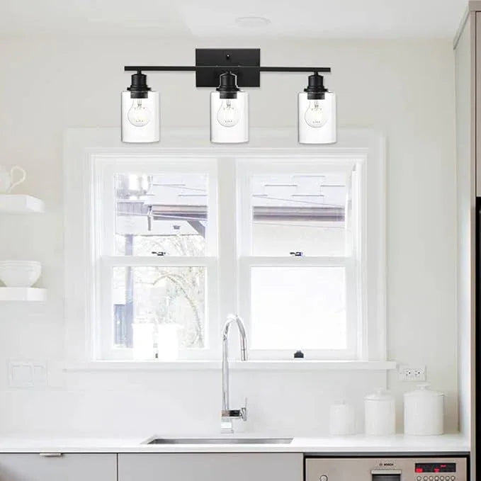 VINLUZ Matte Black Vanity Light for Bathroom 3 Light Farmhouse Indoor Bathroom Lighting Fixtures Over Mirror with Clear Glass Shade for Dressing Table - ModernBath