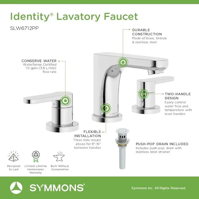 Symmons Identity Widespread Two-Handle Bathroom Faucet with Push Pop Drain (1.0 GPM), Polished Chrome - ModernBath